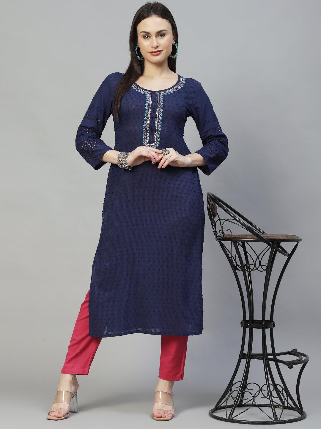 Ethnic Embroidered Straight Fit Kurta – Dark Blue - Indiakreations