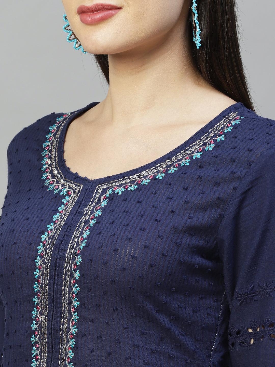 Ethnic Embroidered Straight Fit Kurta – Dark Blue - Indiakreations