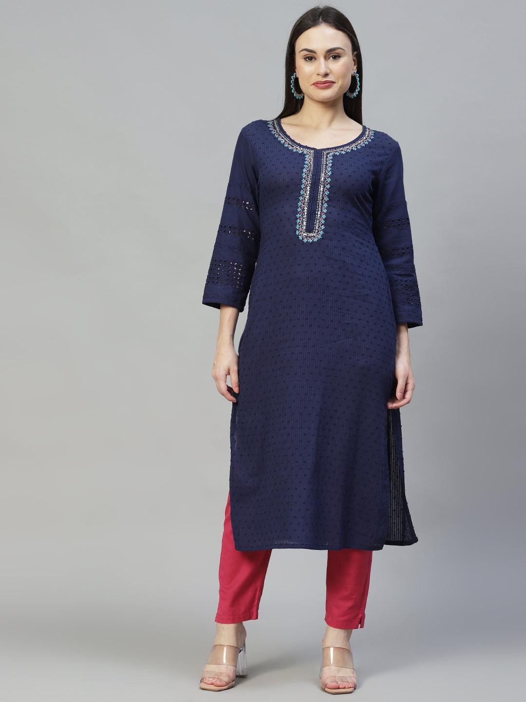 Ethnic Embroidered Straight Fit Kurta – Dark Blue - Indiakreations