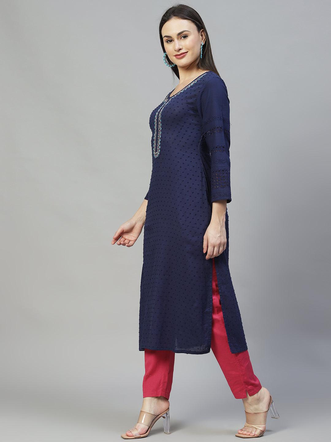 Ethnic Embroidered Straight Fit Kurta – Dark Blue - Indiakreations