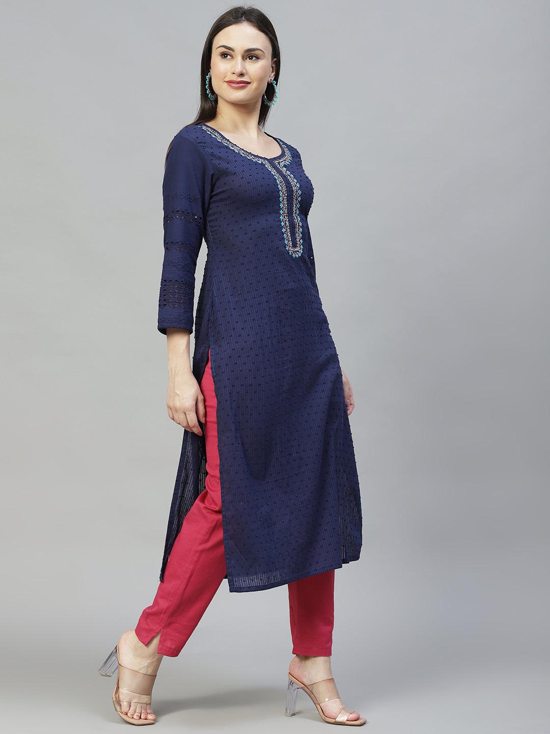 Ethnic Embroidered Straight Fit Kurta – Dark Blue - Indiakreations