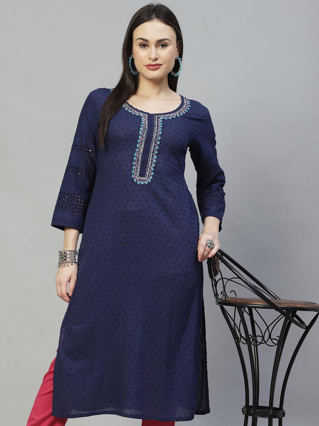 Ethnic Embroidered Straight Fit Kurta – Dark Blue - Indiakreations