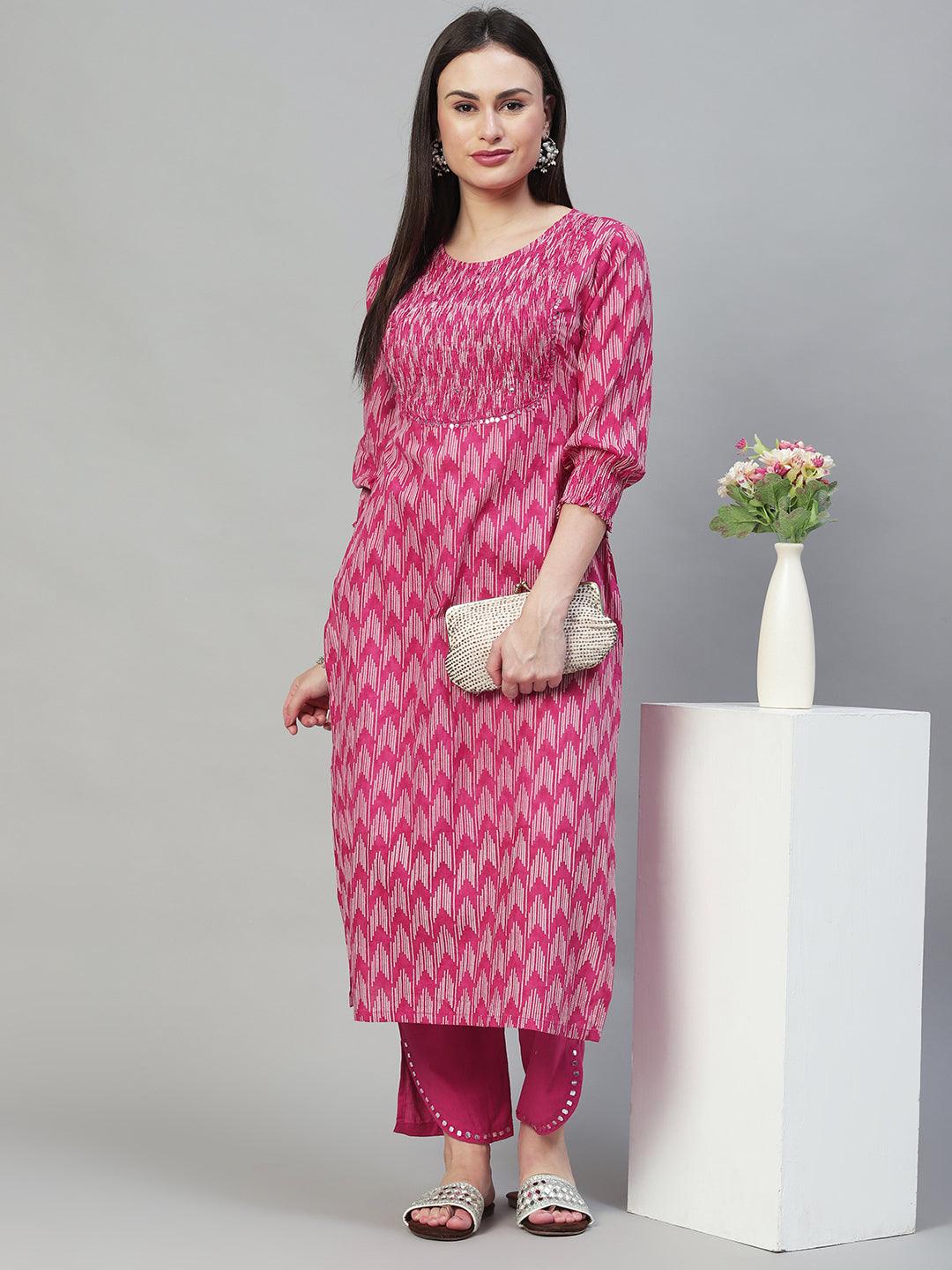 Ethnic Printed & Embroidered Straight Kurta with Pants - Magenta Pink - Indiakreations