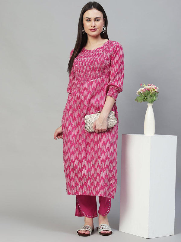 Ethnic Printed & Embroidered Straight Kurta with Pants - Magenta Pink - Indiakreations