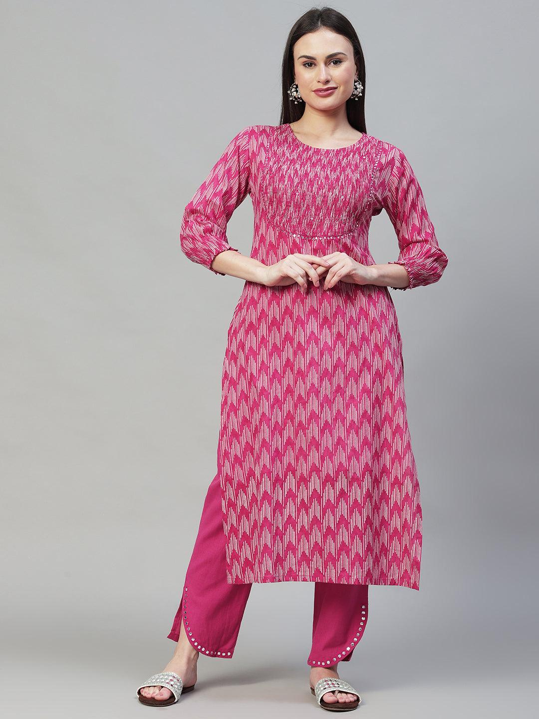 Ethnic Printed & Embroidered Straight Kurta with Pants - Magenta Pink - Indiakreations