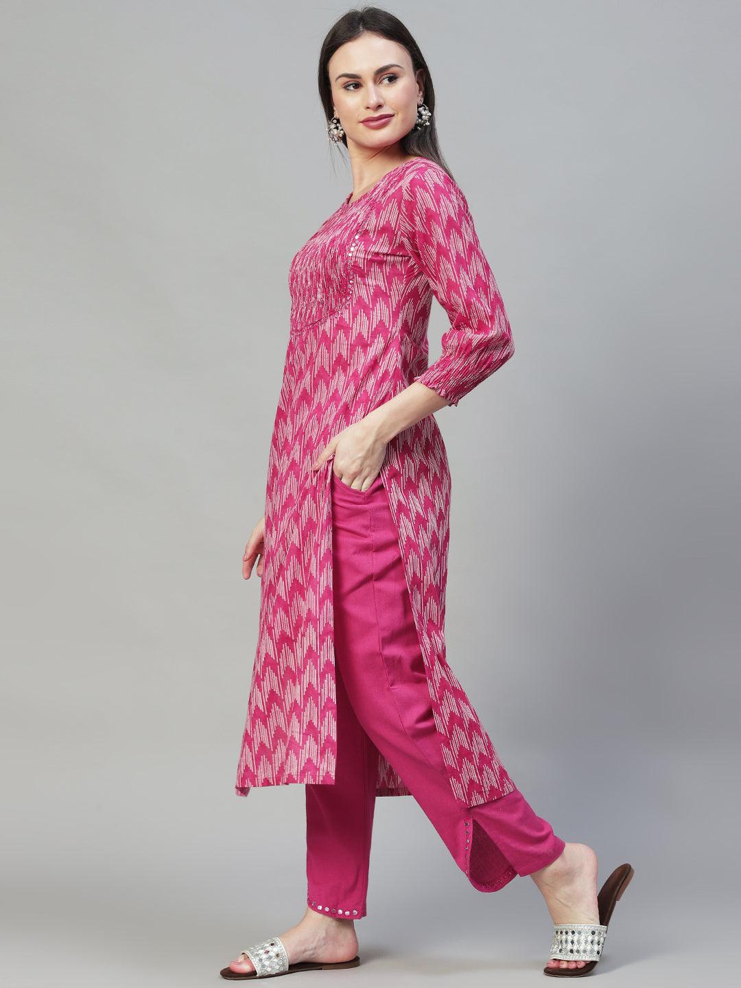 Ethnic Printed & Embroidered Straight Kurta with Pants - Magenta Pink - Indiakreations