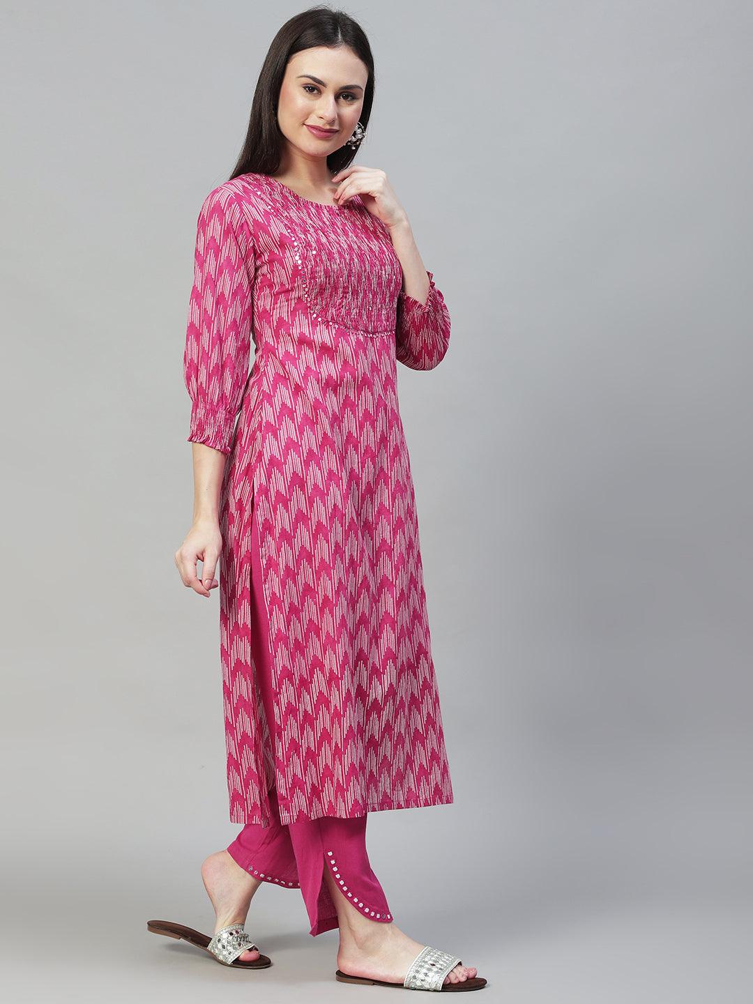 Ethnic Printed & Embroidered Straight Kurta with Pants - Magenta Pink - Indiakreations