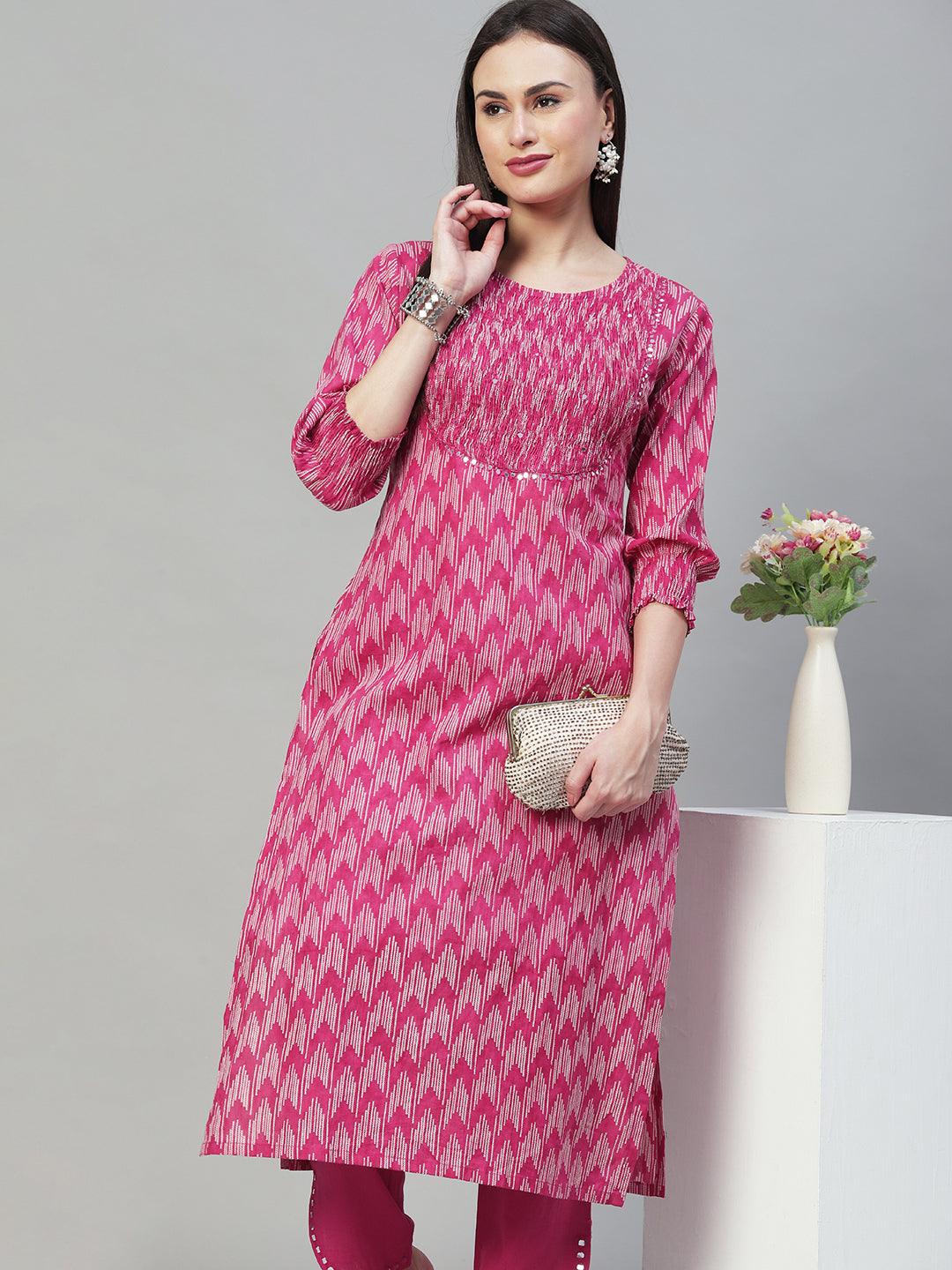 Ethnic Printed & Embroidered Straight Kurta with Pants - Magenta Pink - Indiakreations