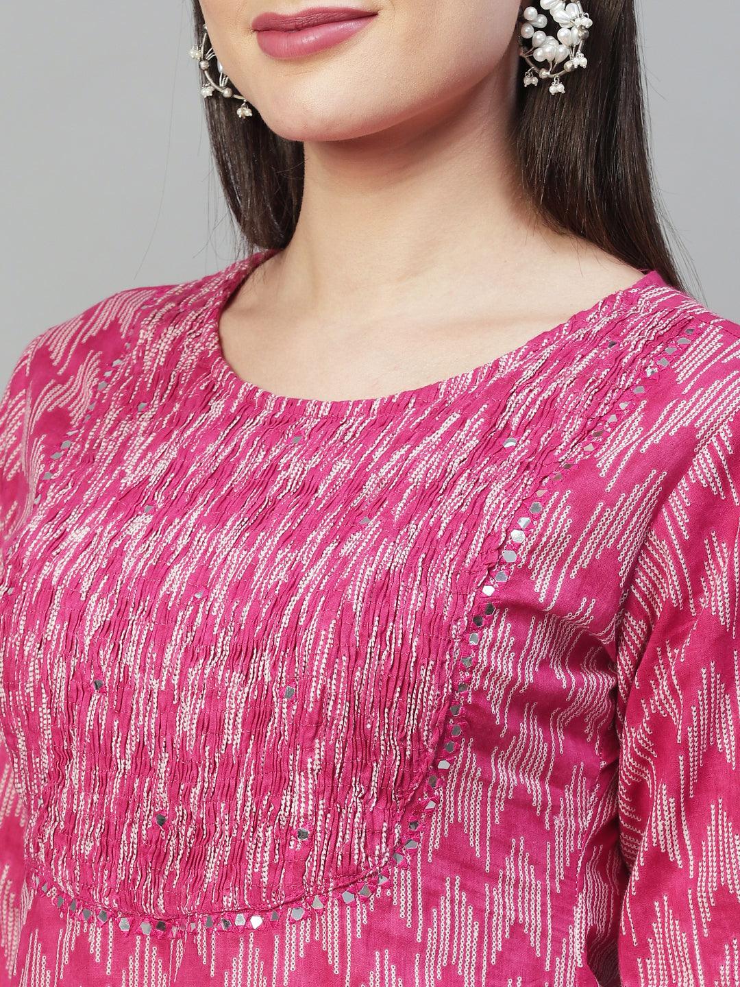 Ethnic Printed & Embroidered Straight Kurta with Pants - Magenta Pink - Indiakreations