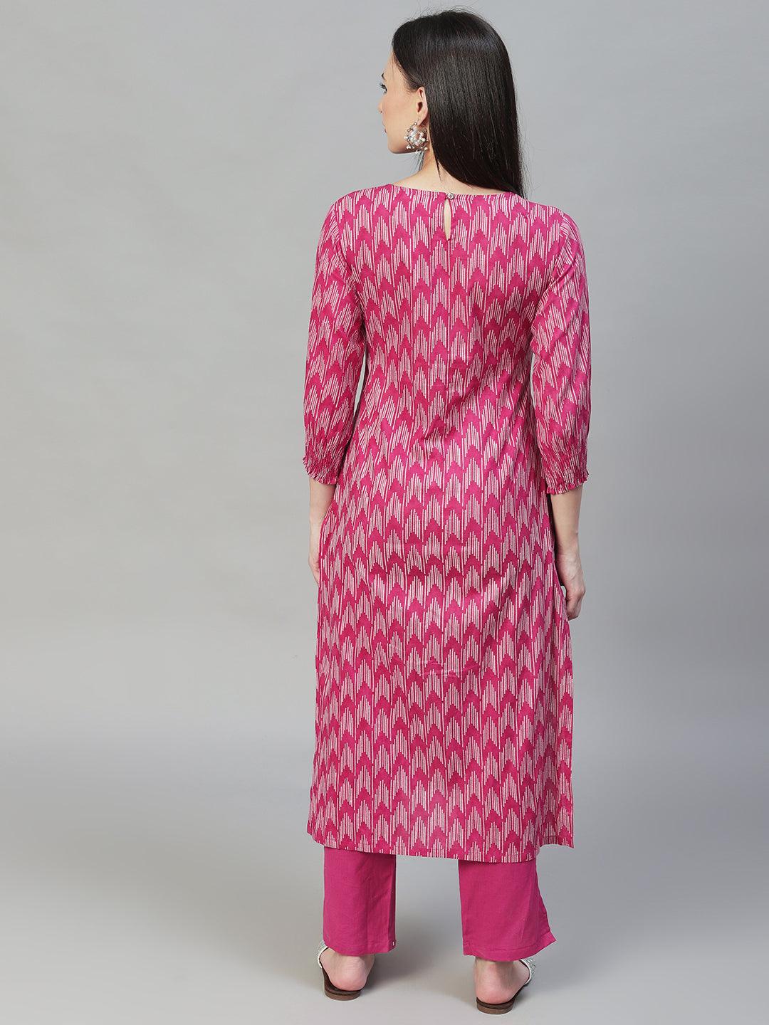 Ethnic Printed & Embroidered Straight Kurta with Pants - Magenta Pink - Indiakreations