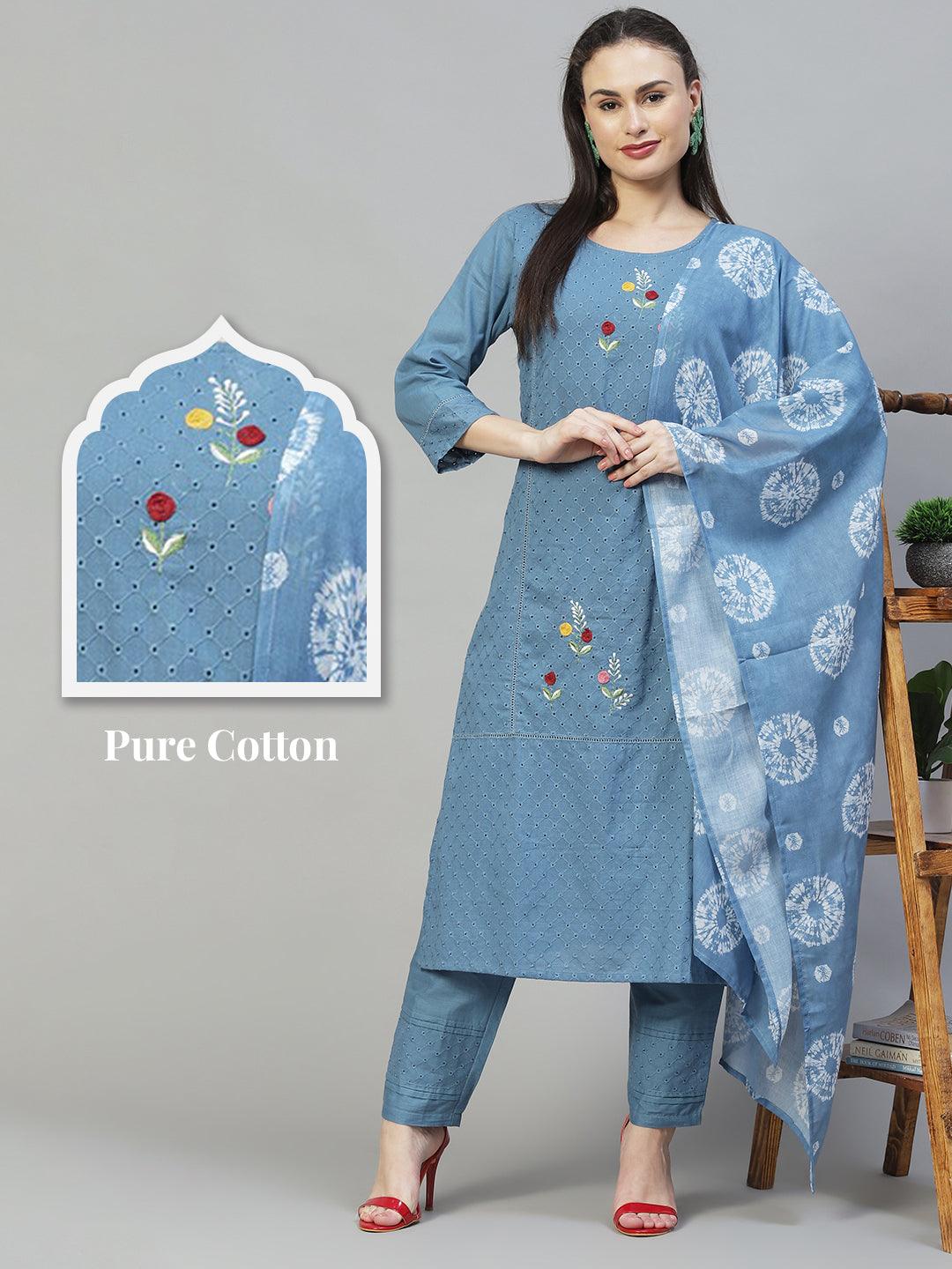 Ethnic Embroidered Straight Kurta with Pants & Dupatta - Blue - Indiakreations