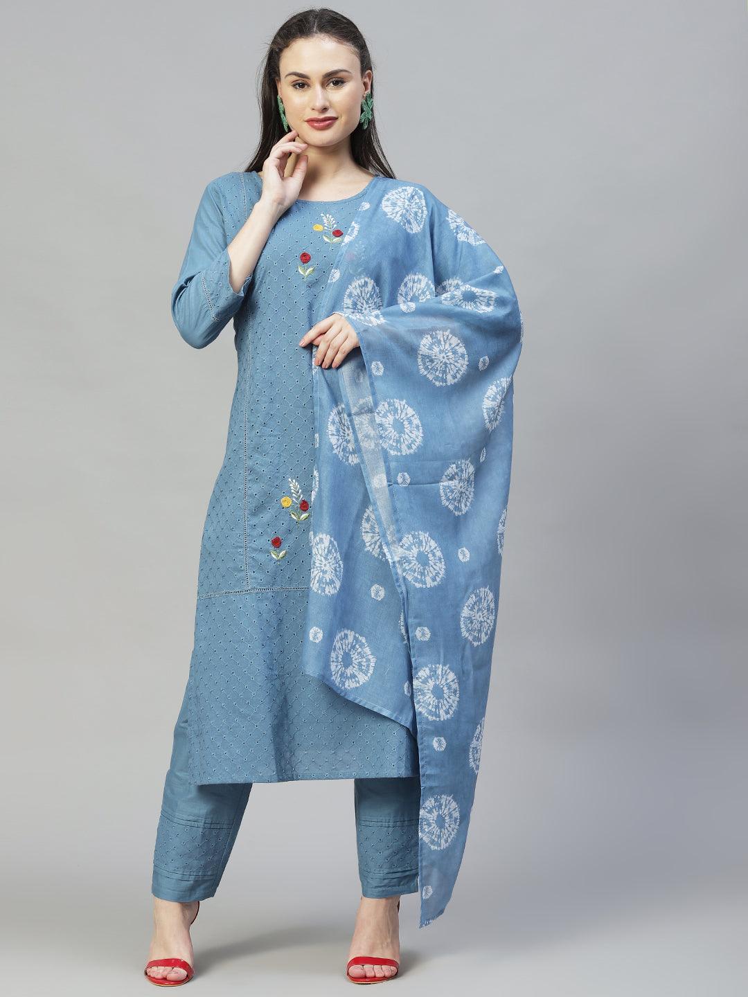 Ethnic Embroidered Straight Kurta with Pants & Dupatta - Blue - Indiakreations