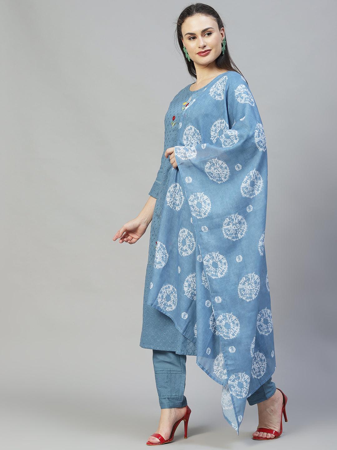 Ethnic Embroidered Straight Kurta with Pants & Dupatta - Blue - Indiakreations