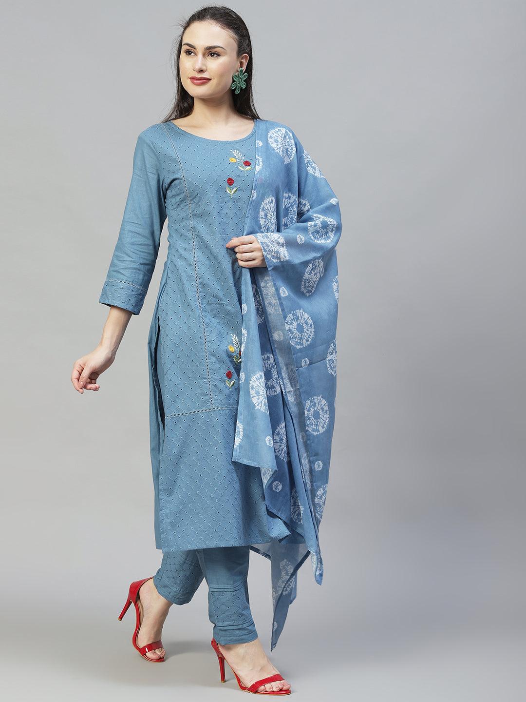 Ethnic Embroidered Straight Kurta with Pants & Dupatta - Blue - Indiakreations