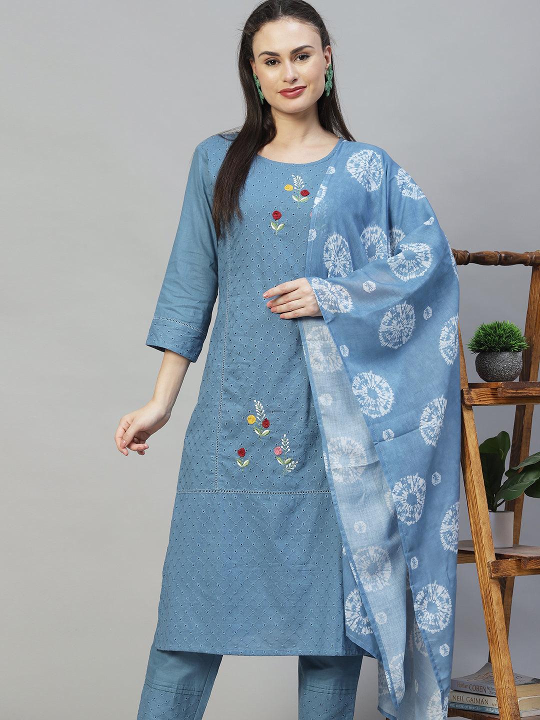 Ethnic Embroidered Straight Kurta with Pants & Dupatta - Blue - Indiakreations