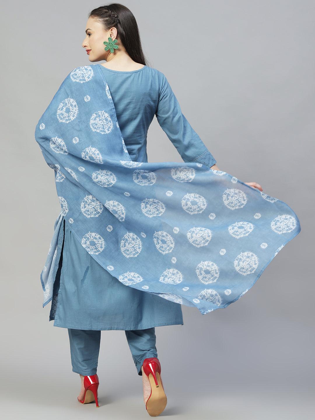 Ethnic Embroidered Straight Kurta with Pants & Dupatta - Blue - Indiakreations