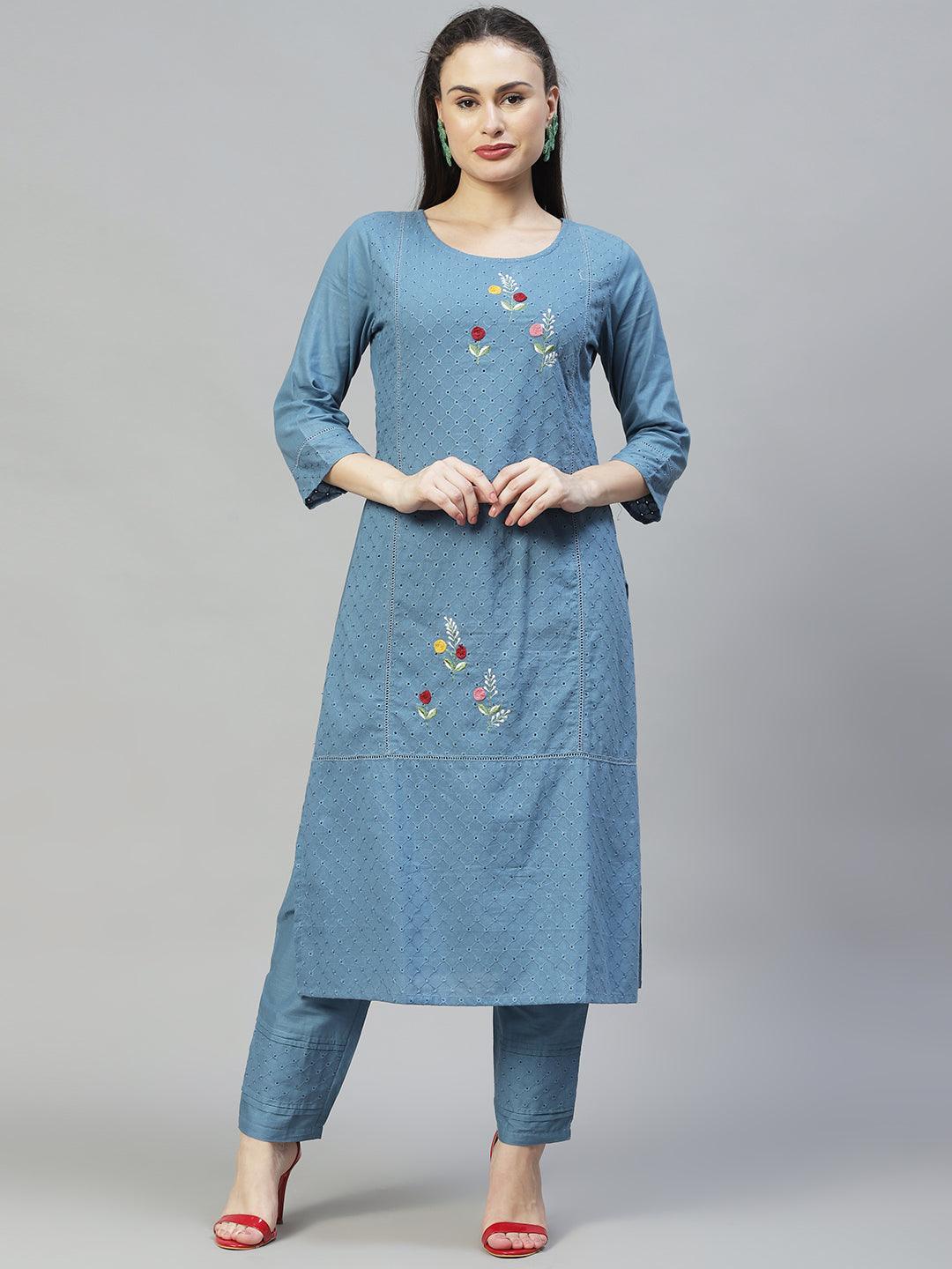 Ethnic Embroidered Straight Kurta with Pants & Dupatta - Blue - Indiakreations