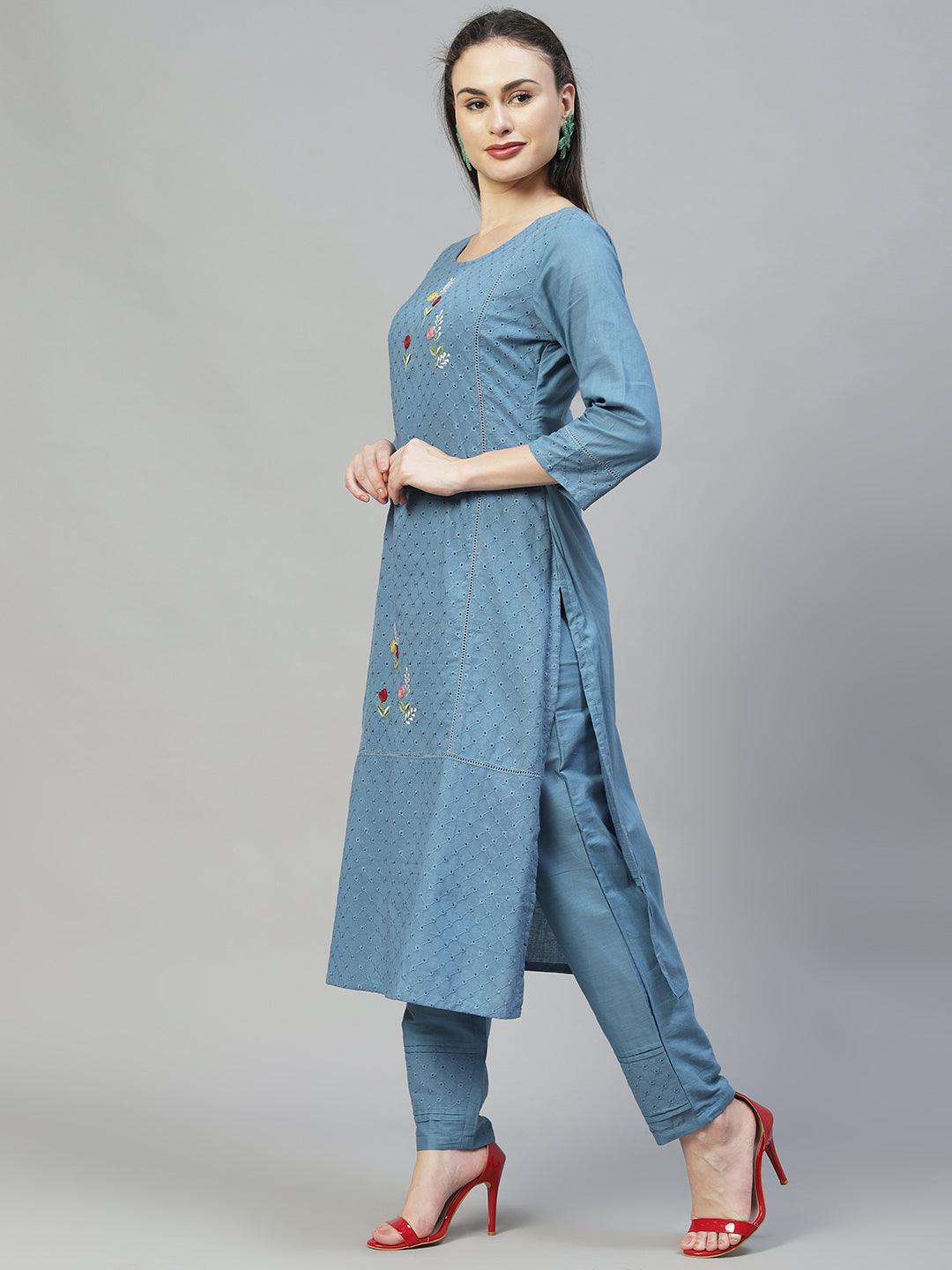 Ethnic Embroidered Straight Kurta with Pants & Dupatta - Blue - Indiakreations