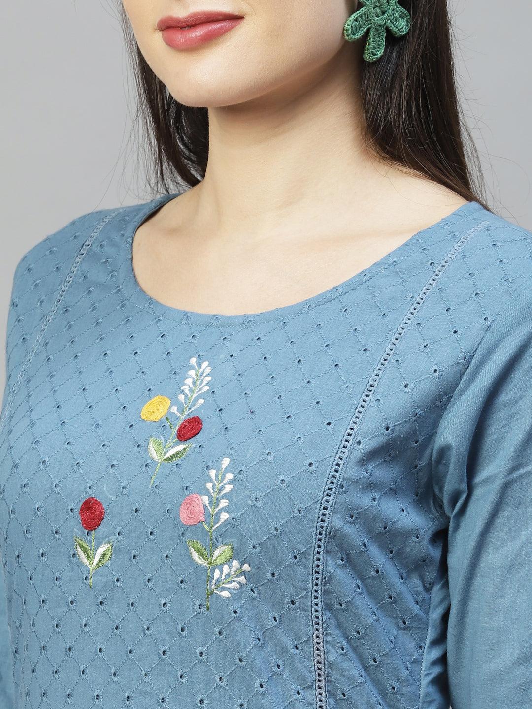 Ethnic Embroidered Straight Kurta with Pants & Dupatta - Blue - Indiakreations