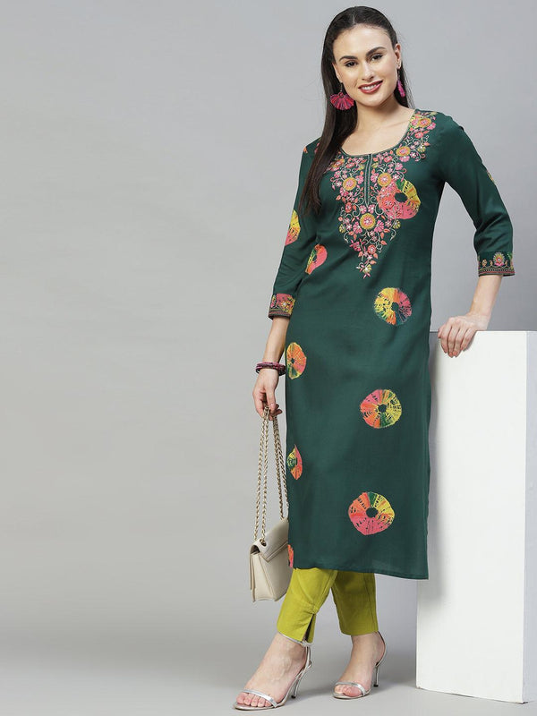 Ethnic Printed & Embroidered Straight Fit Kurta - Dark Green - Indiakreations