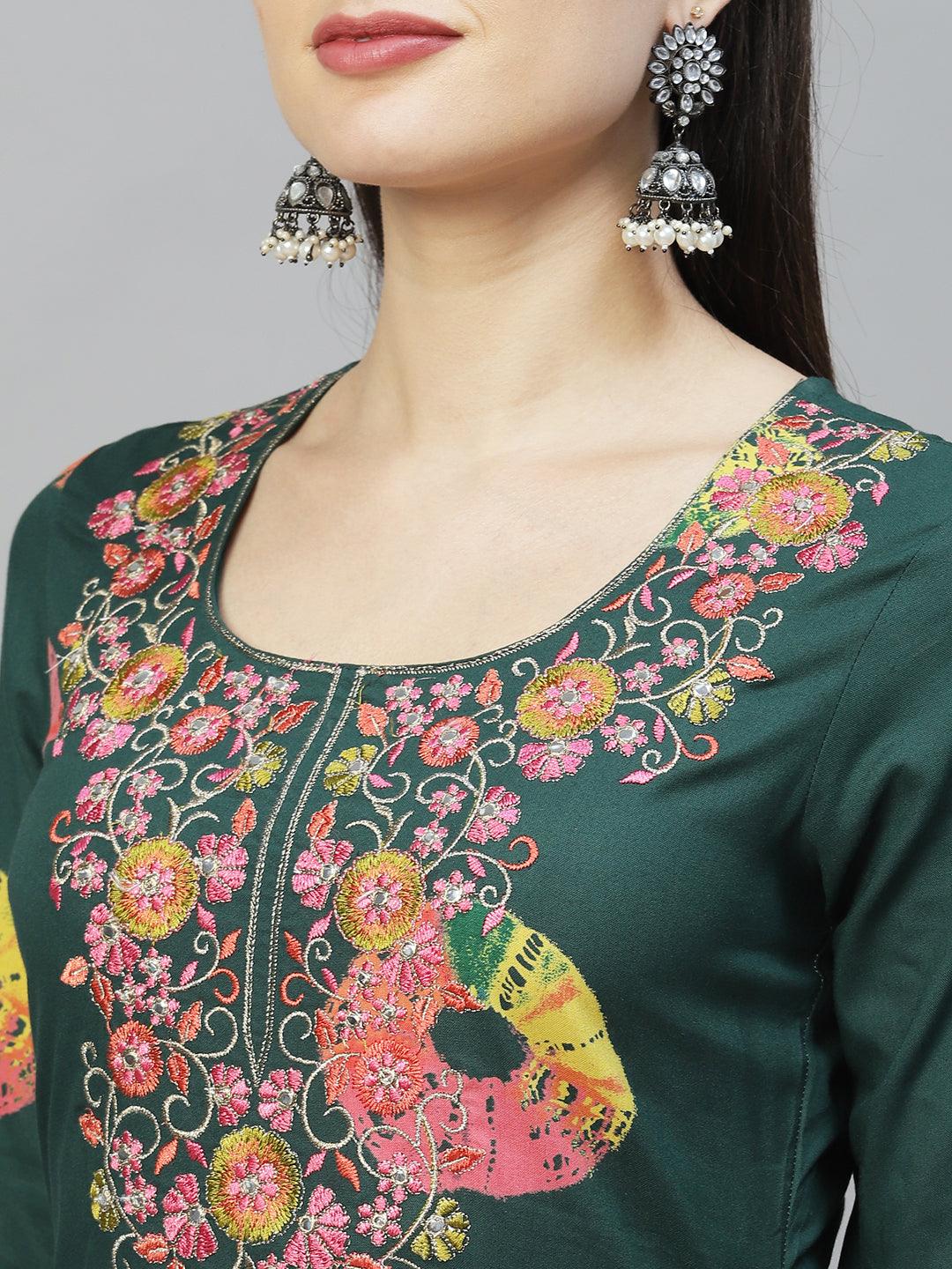 Ethnic Printed & Embroidered Straight Fit Kurta - Dark Green - Indiakreations