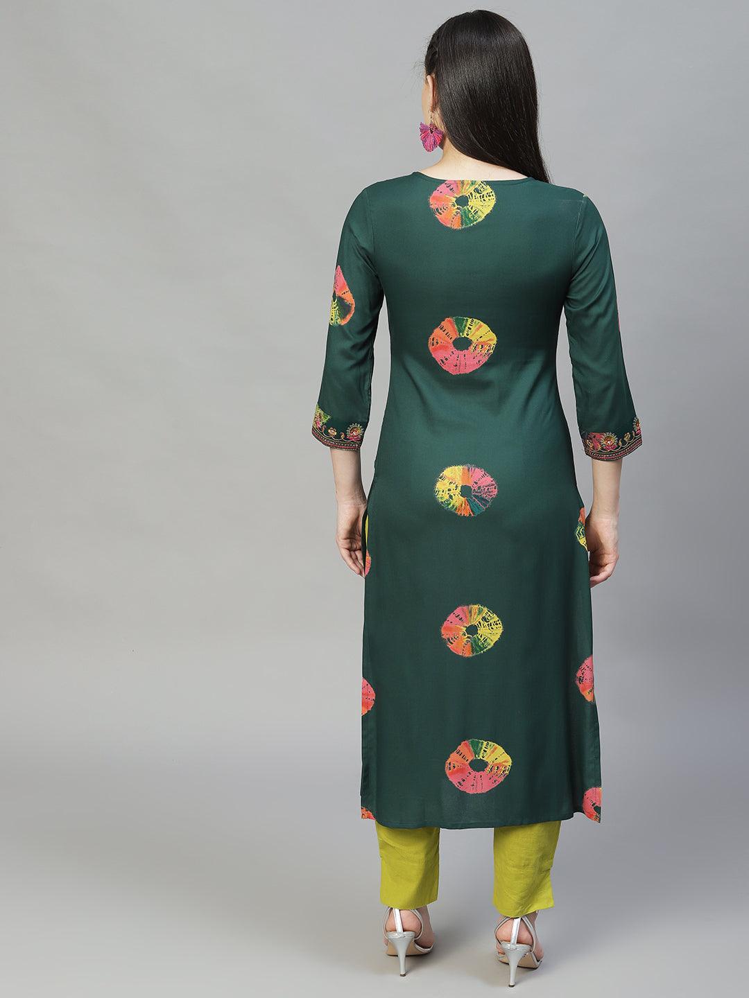 Ethnic Printed & Embroidered Straight Fit Kurta - Dark Green - Indiakreations