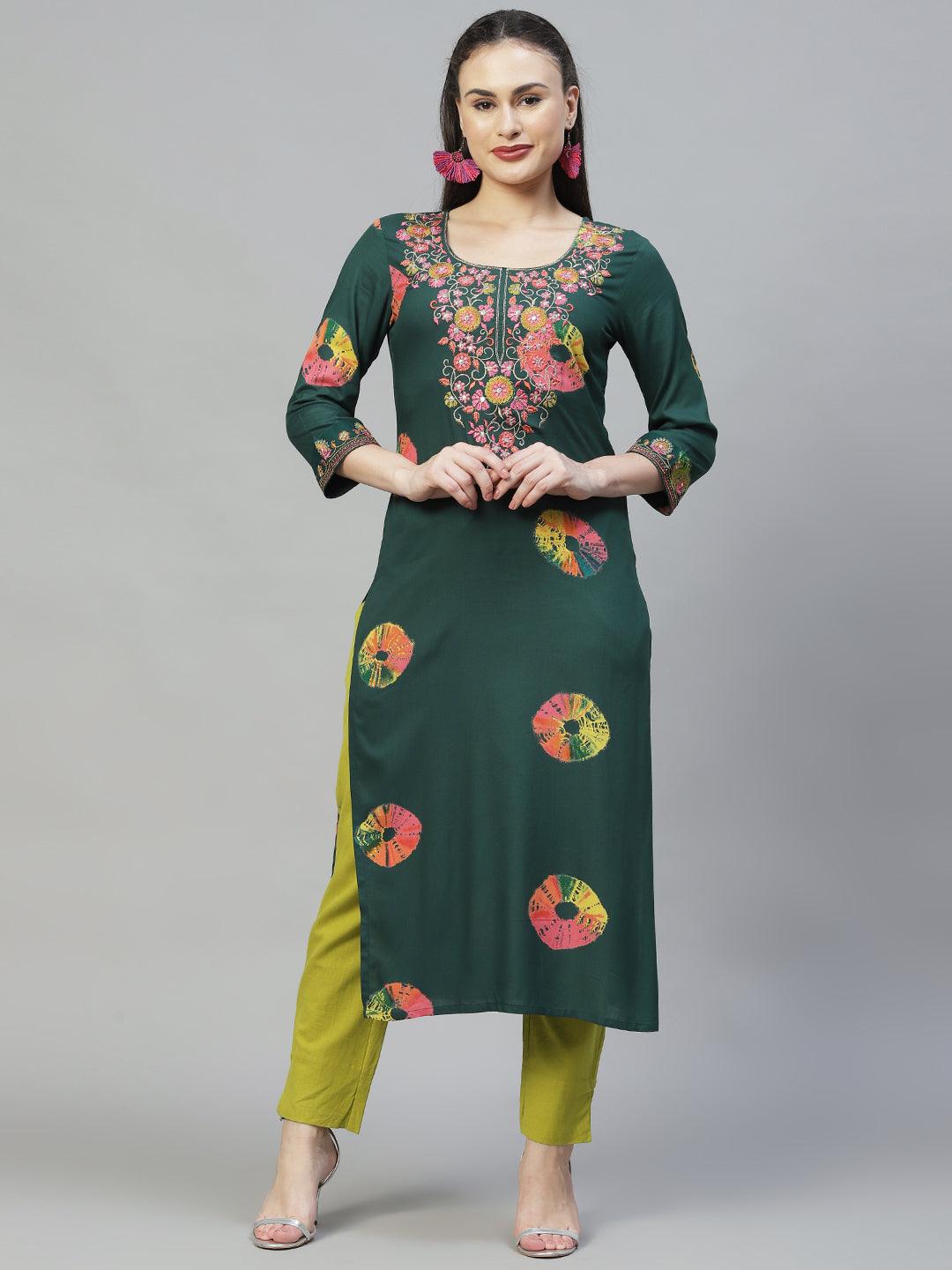 Ethnic Printed & Embroidered Straight Fit Kurta - Dark Green - Indiakreations