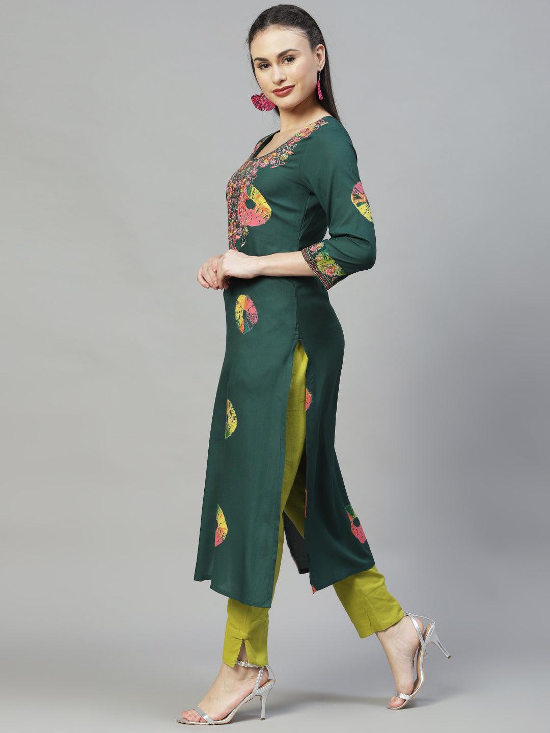 Ethnic Printed & Embroidered Straight Fit Kurta - Dark Green - Indiakreations