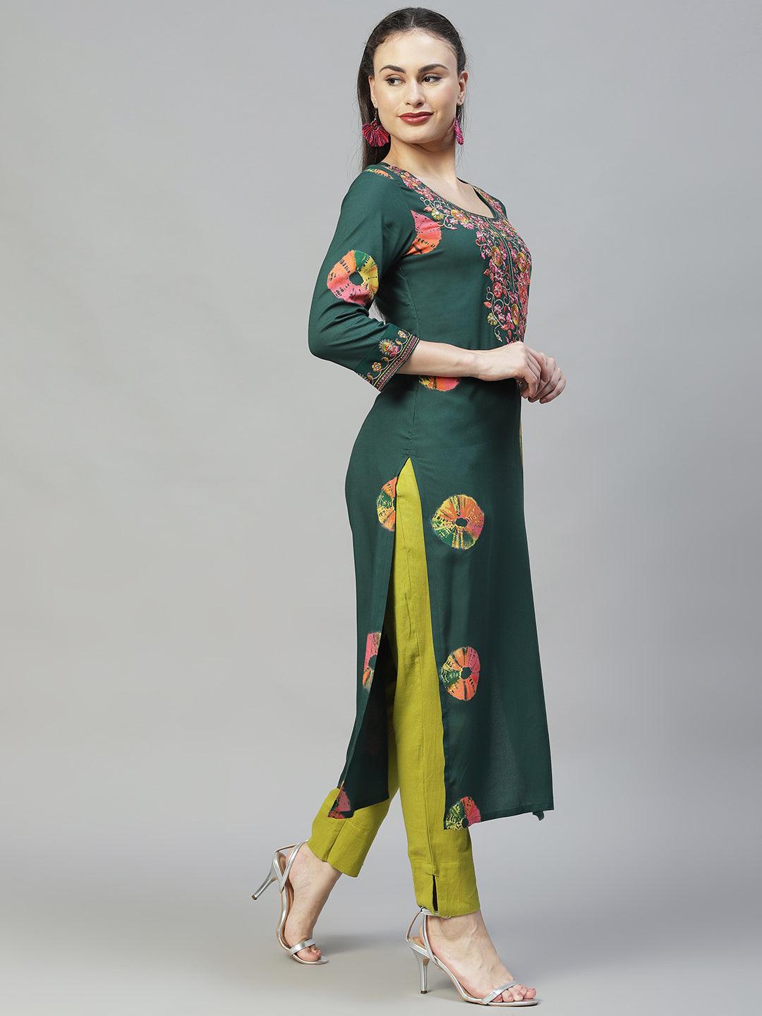 Ethnic Printed & Embroidered Straight Fit Kurta - Dark Green - Indiakreations