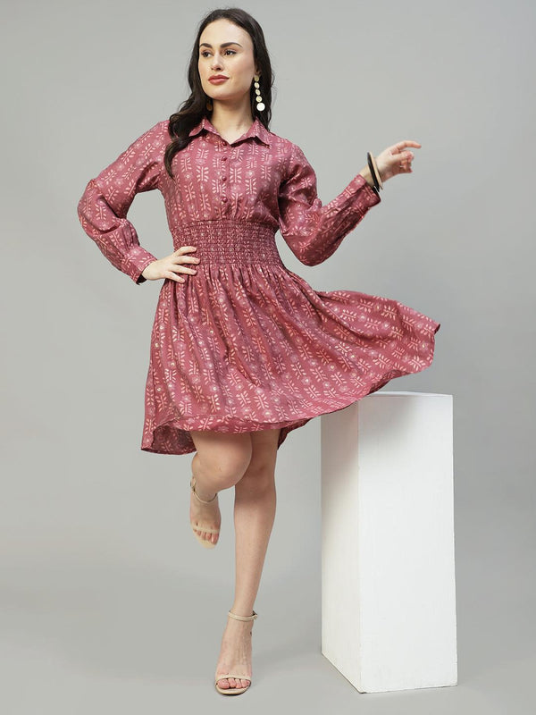 Ethnic Printed Flared Midi Dress - Mauve - Indiakreations