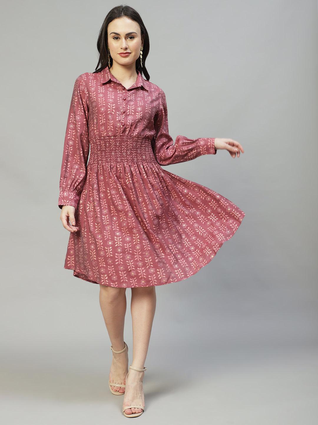 Ethnic Printed Flared Midi Dress - Mauve - Indiakreations