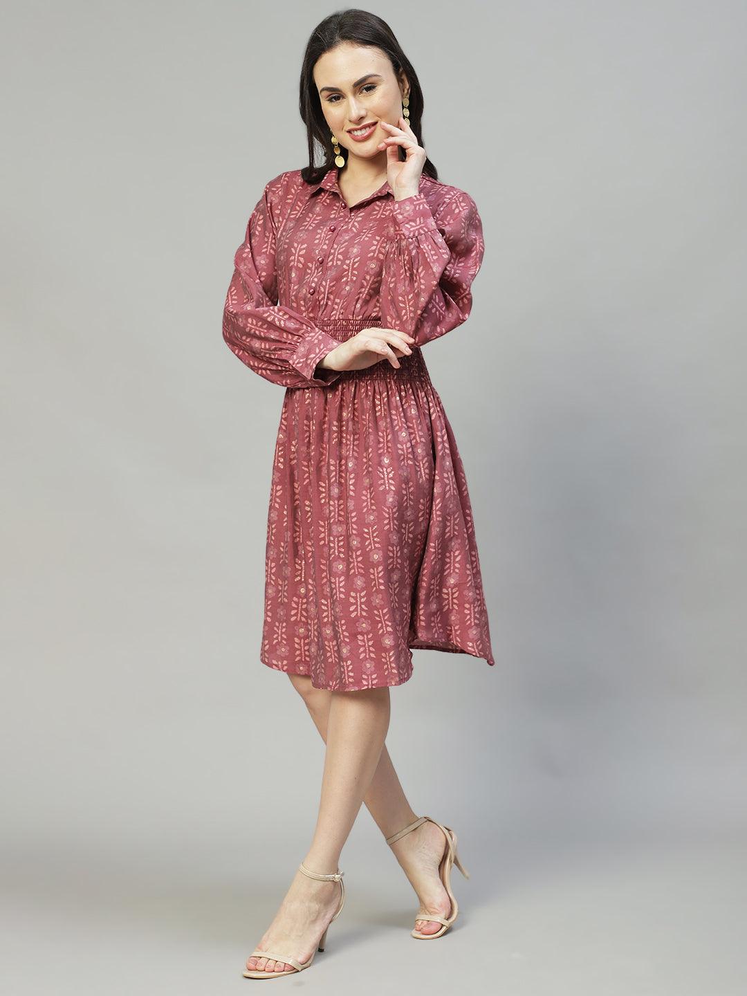 Ethnic Printed Flared Midi Dress - Mauve - Indiakreations