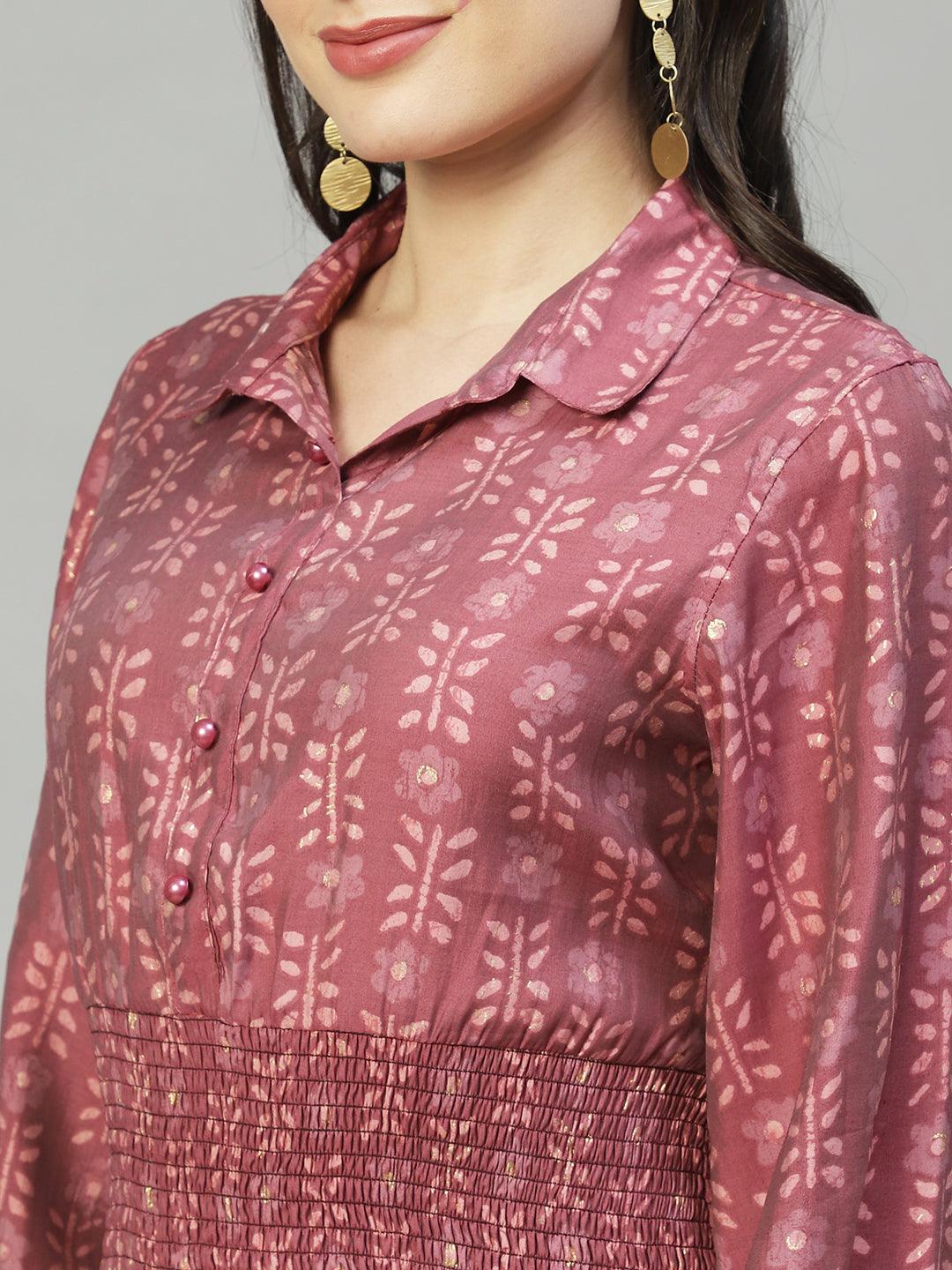 Ethnic Printed Flared Midi Dress - Mauve - Indiakreations