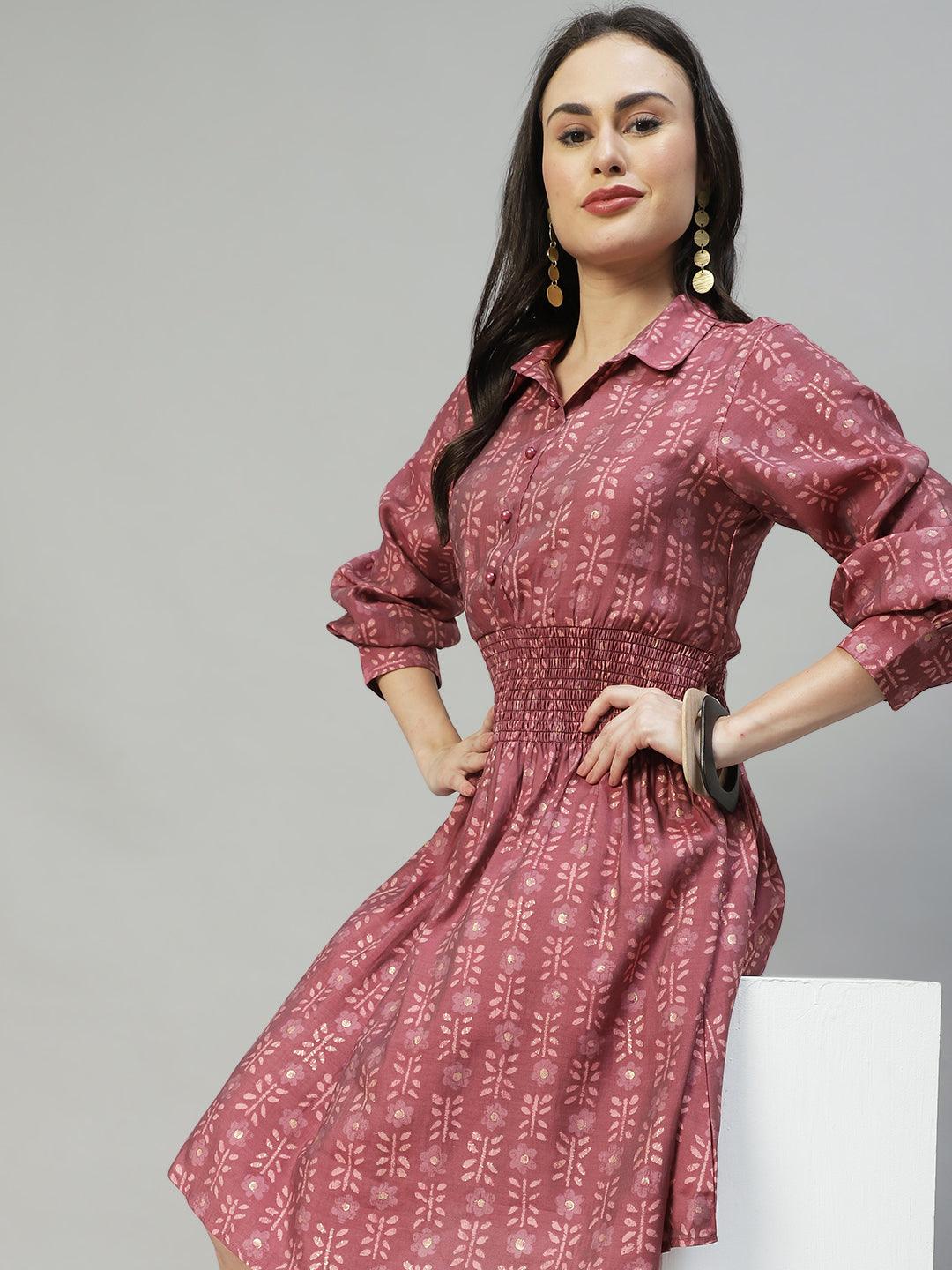 Ethnic Printed Flared Midi Dress - Mauve - Indiakreations