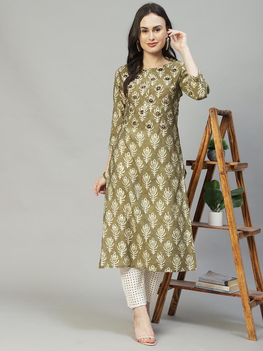 Ethnic Printed & Embroidered Straight Fit Kurta - Olive Green - Indiakreations