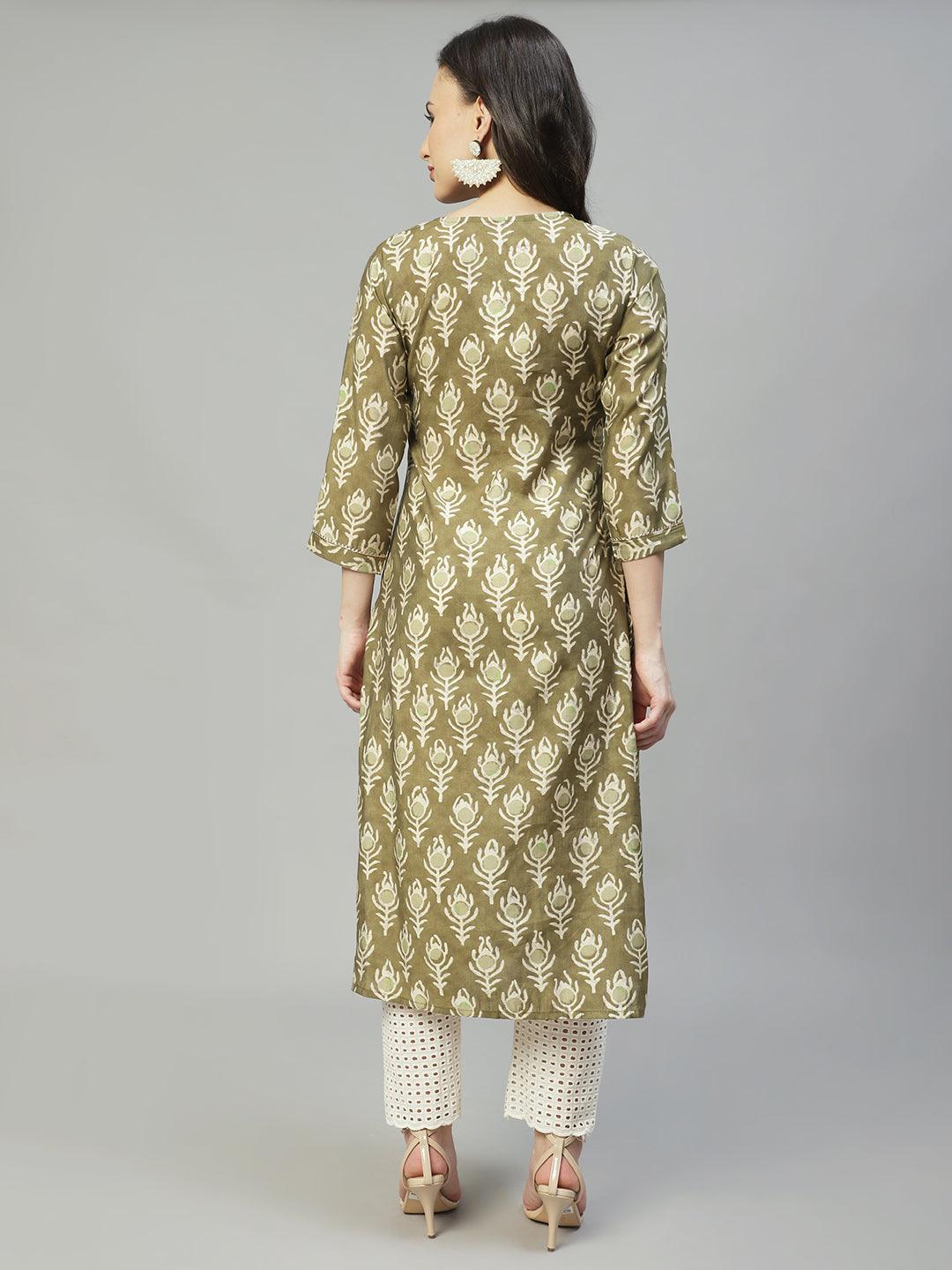 Ethnic Printed & Embroidered Straight Fit Kurta - Olive Green - Indiakreations