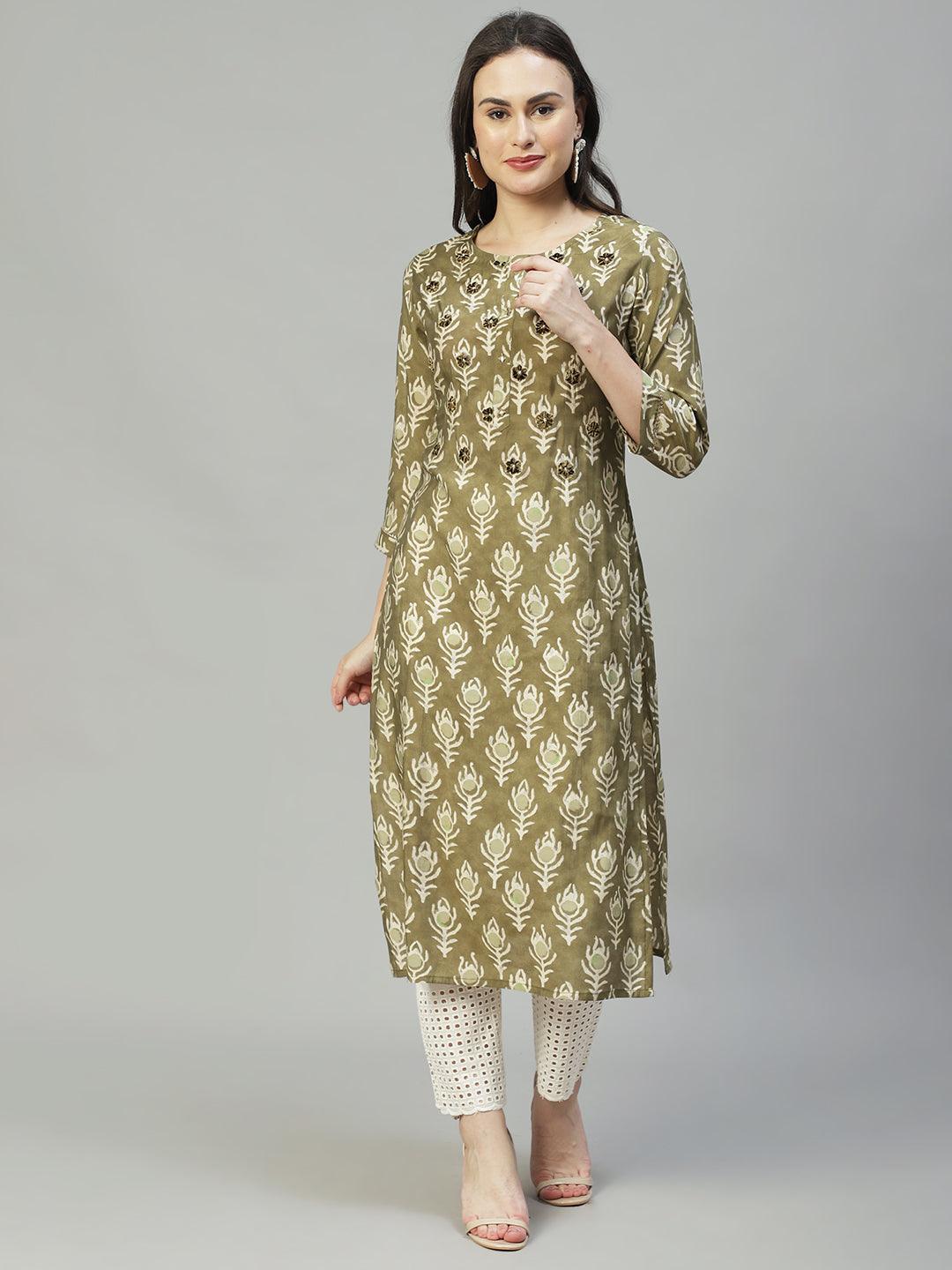 Ethnic Printed & Embroidered Straight Fit Kurta - Olive Green - Indiakreations