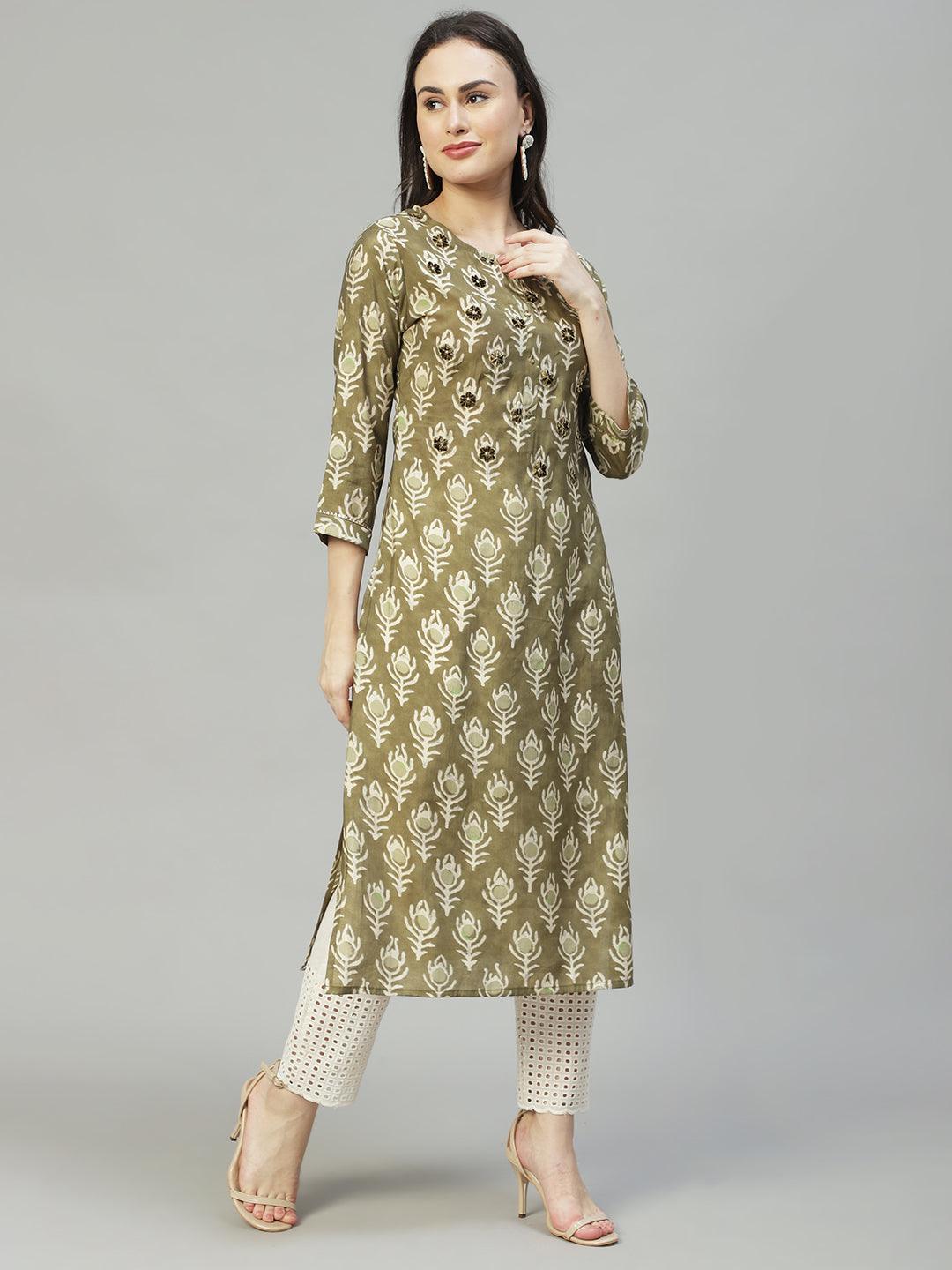 Ethnic Printed & Embroidered Straight Fit Kurta - Olive Green - Indiakreations