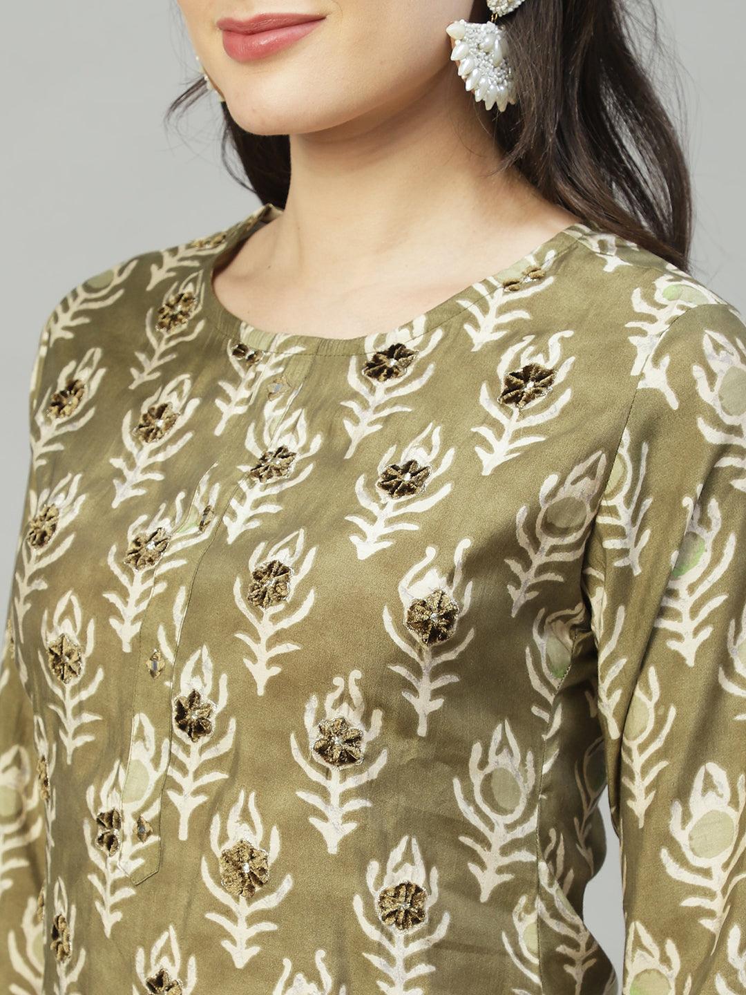 Ethnic Printed & Embroidered Straight Fit Kurta - Olive Green - Indiakreations