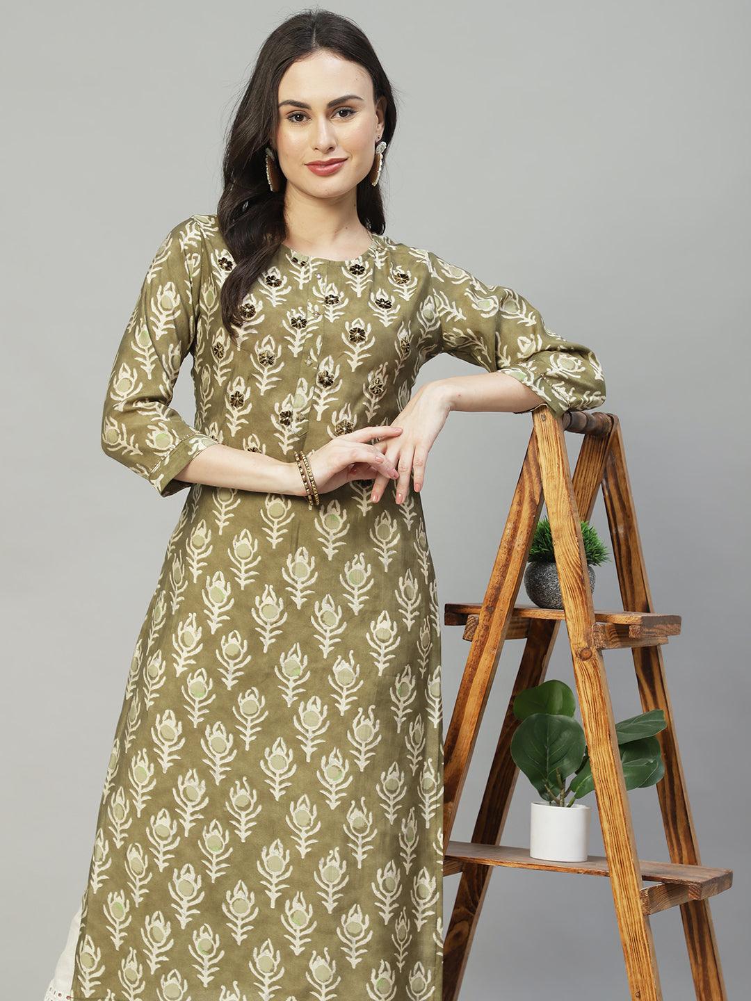 Ethnic Printed & Embroidered Straight Fit Kurta - Olive Green - Indiakreations