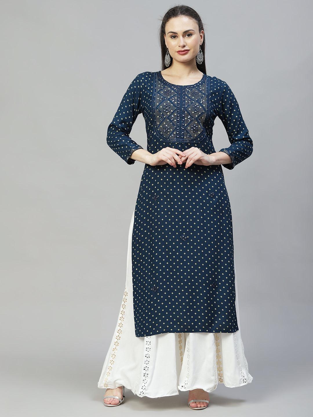 Ethnic Printed & Embroidered Straight Fit Kurta - Teal Blue - Indiakreations