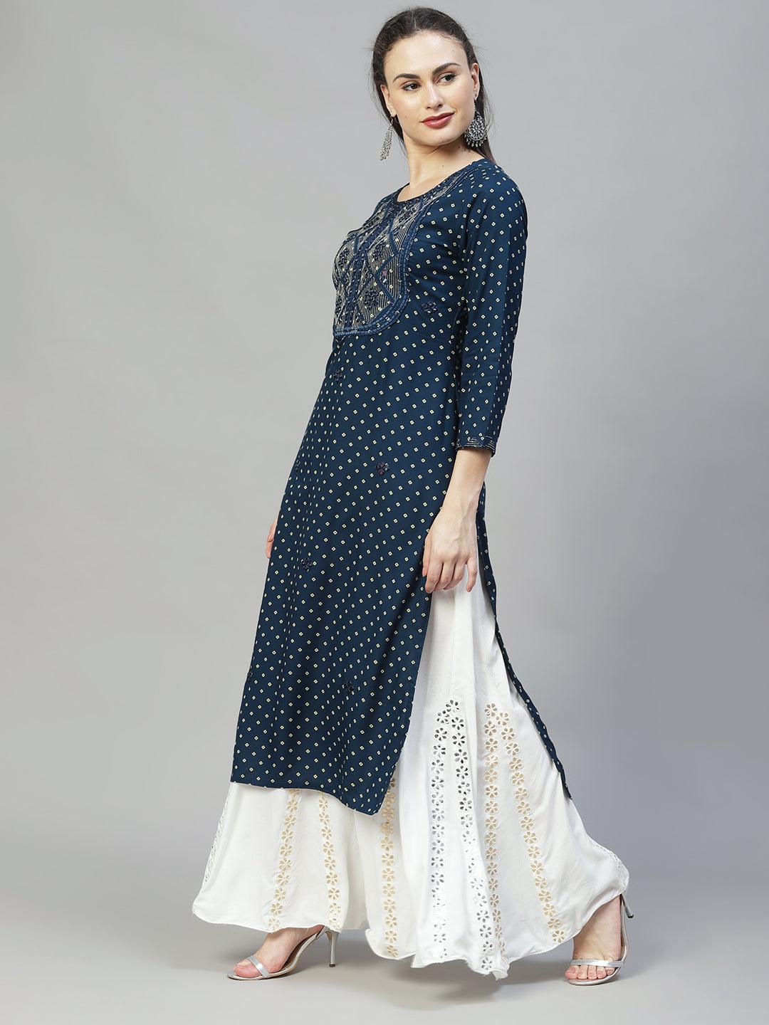 Ethnic Printed & Embroidered Straight Fit Kurta - Teal Blue - Indiakreations