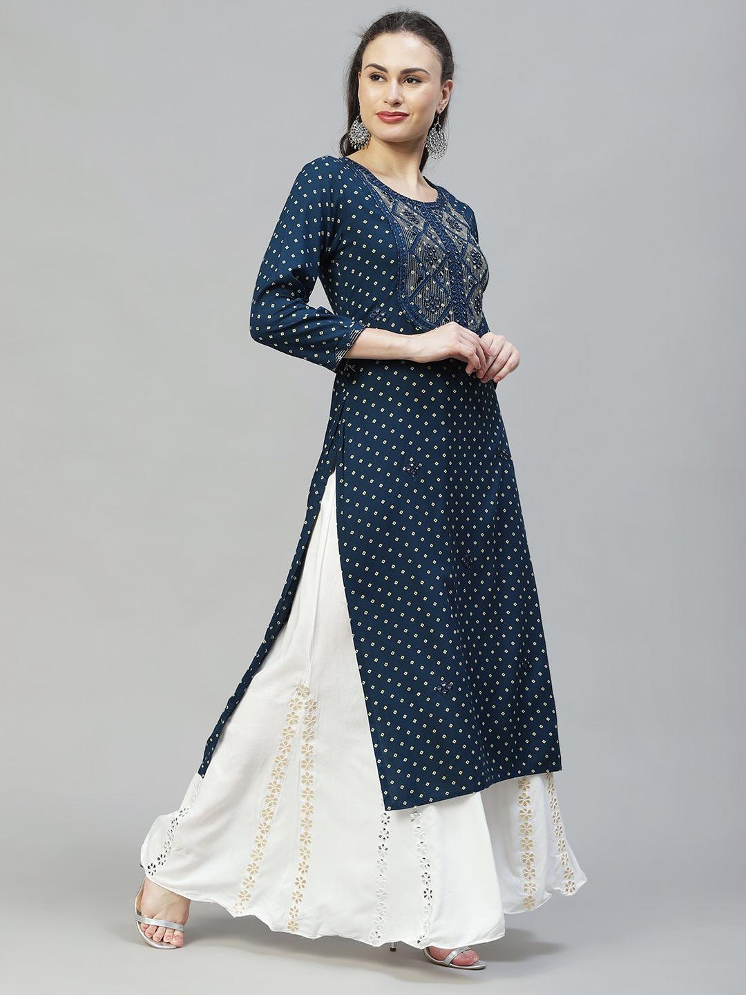 Ethnic Printed & Embroidered Straight Fit Kurta - Teal Blue - Indiakreations