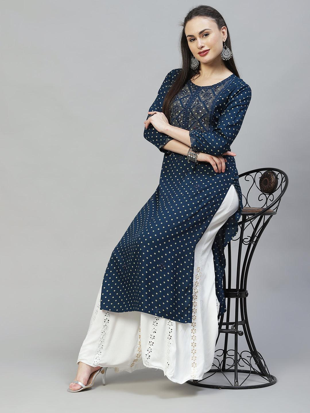 Ethnic Printed & Embroidered Straight Fit Kurta - Teal Blue - Indiakreations