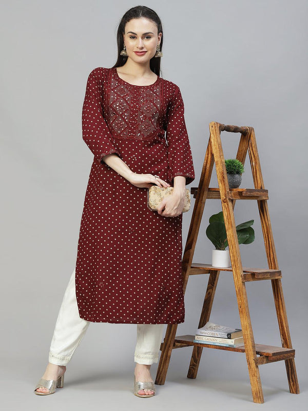 Ethnic Printed & Embroidered Straight Fit Kurta - Dark Brown - Indiakreations