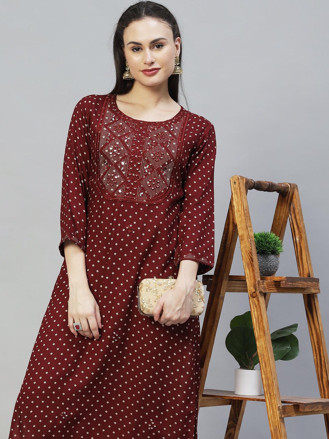 Ethnic Printed & Embroidered Straight Fit Kurta - Dark Brown - Indiakreations