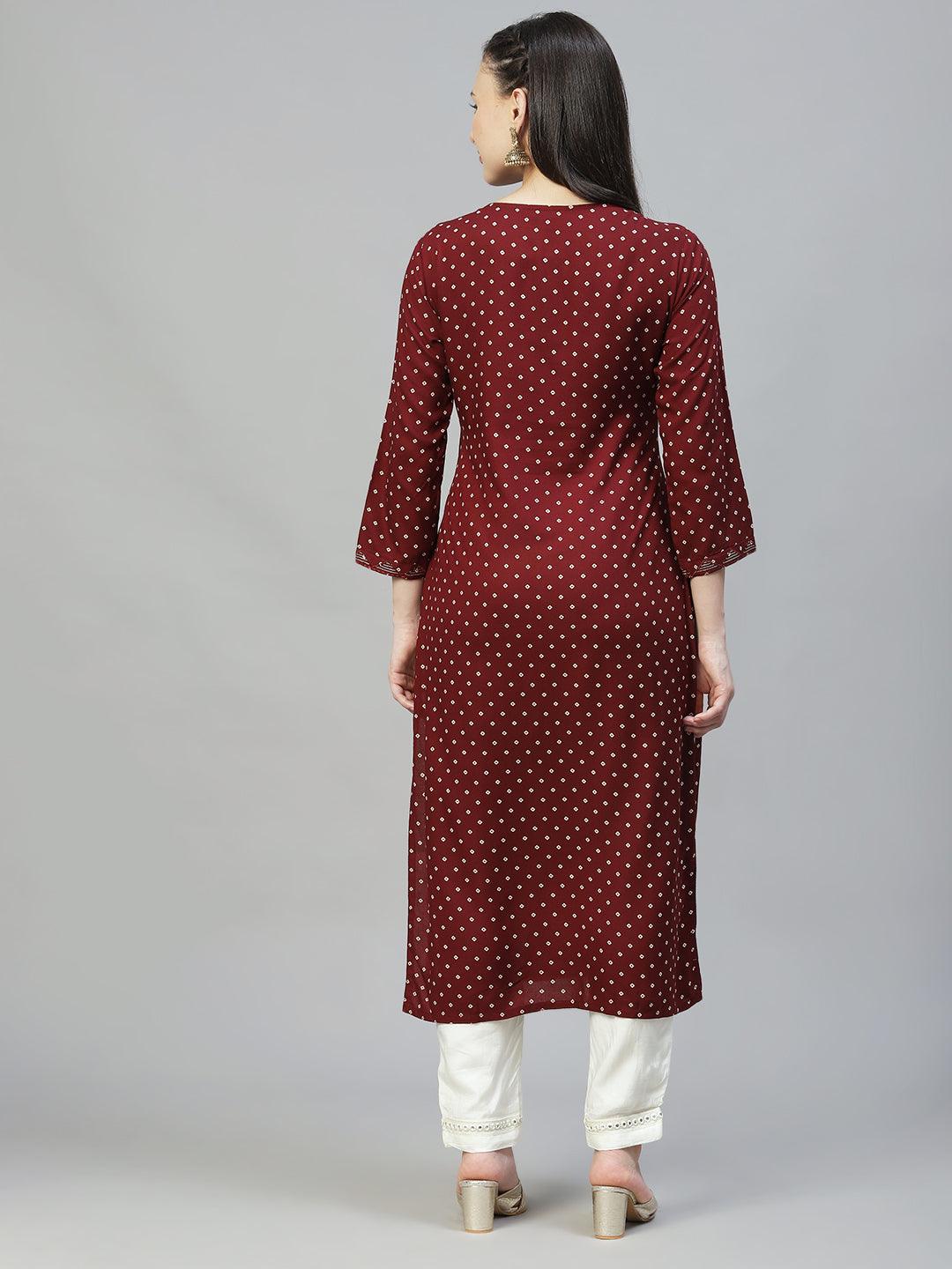 Ethnic Printed & Embroidered Straight Fit Kurta - Dark Brown - Indiakreations