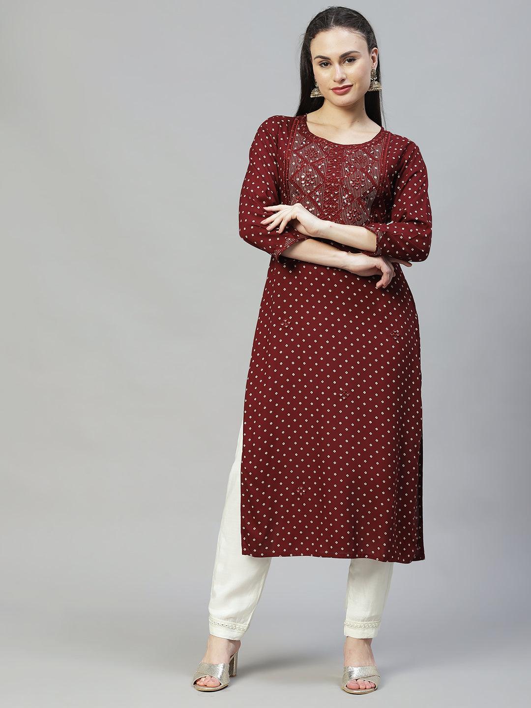 Ethnic Printed & Embroidered Straight Fit Kurta - Dark Brown - Indiakreations