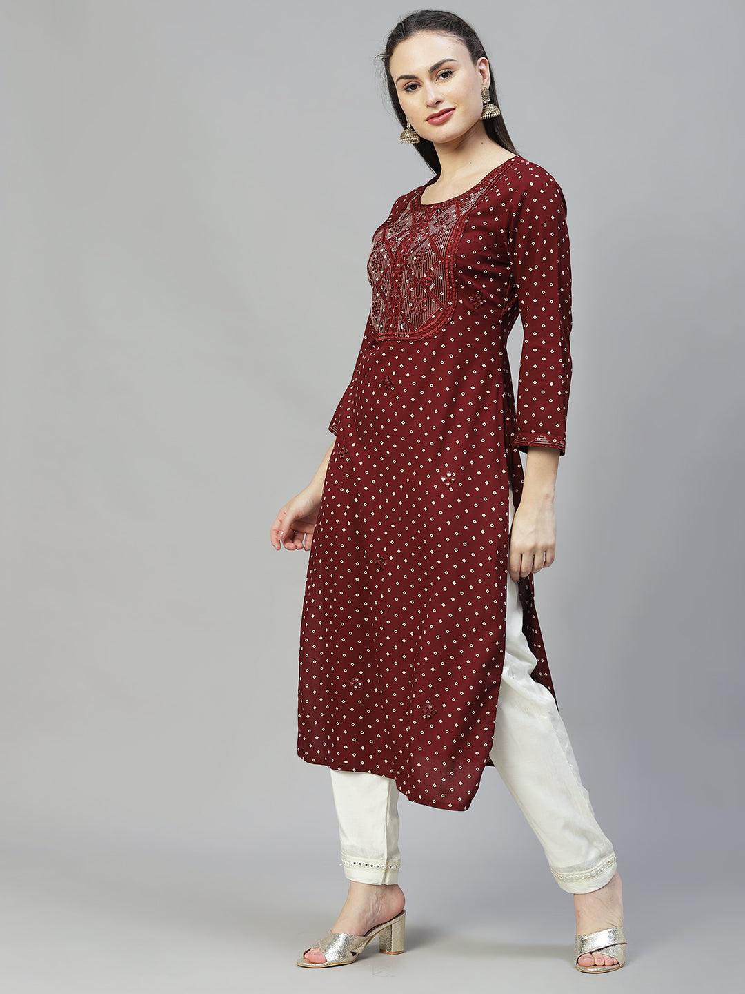 Ethnic Printed & Embroidered Straight Fit Kurta - Dark Brown - Indiakreations