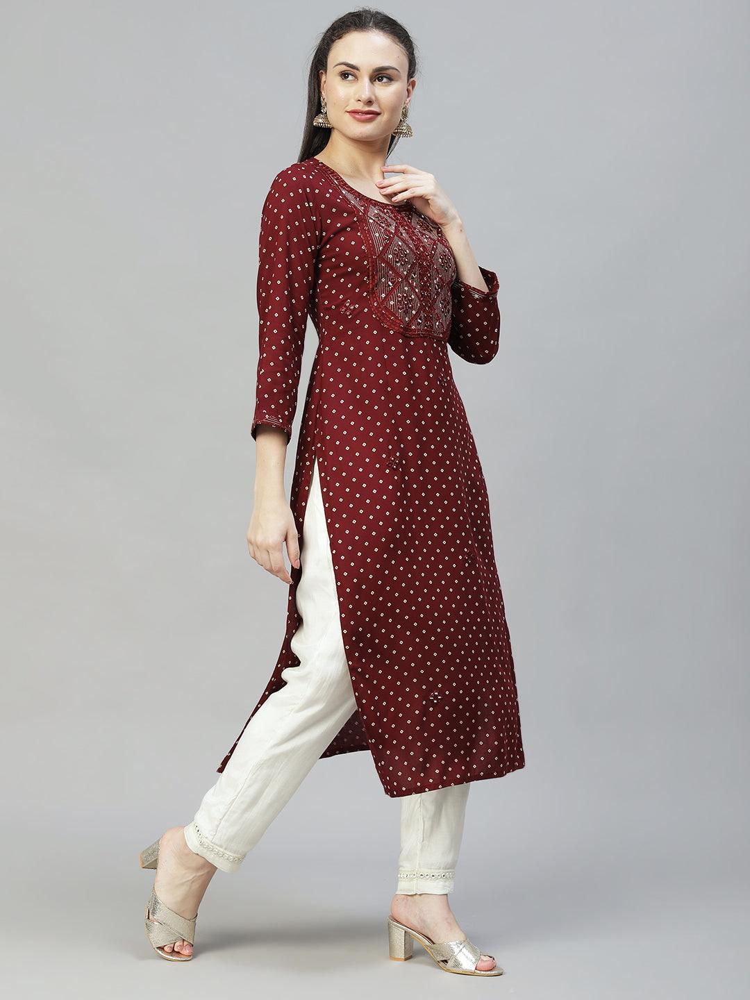 Ethnic Printed & Embroidered Straight Fit Kurta - Dark Brown - Indiakreations